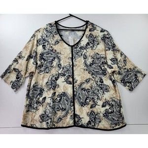 Avenue Blouse Women 26/28 Beige Black Paisley 3/4 Sleeve Black Trim Scoop Neck